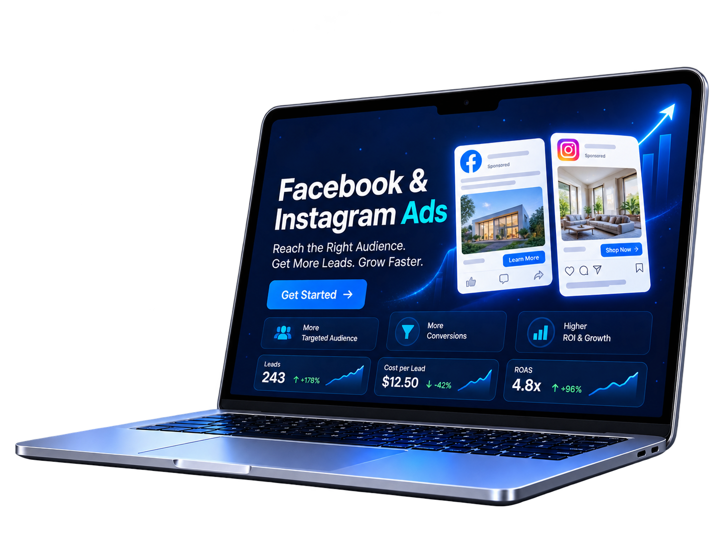 Facebook and Instagram advertising illustrated with sponsored posts and campaign performance