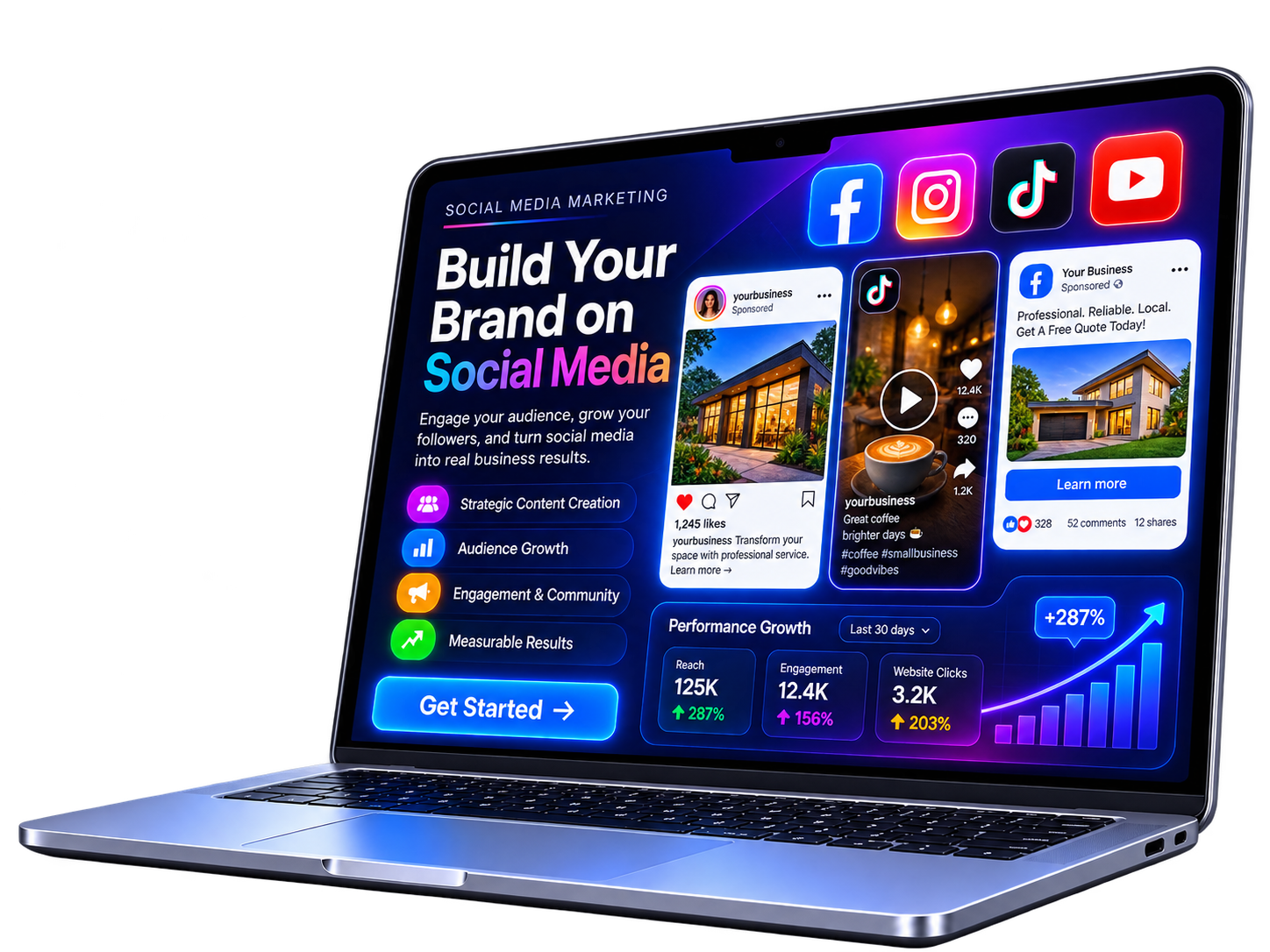 Social media marketing illustrated with platform content and audience growth
