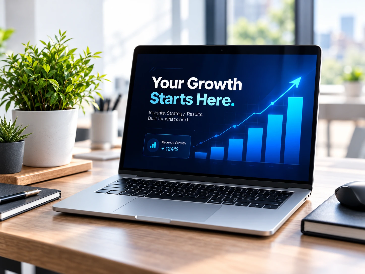 Laptop displaying Your Growth Starts Here and an upward growth chart